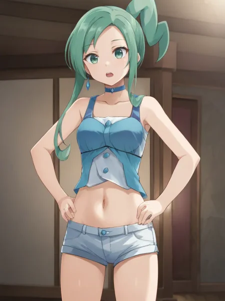 <lora:ORAS_Lisiatsukishiro:0.7>
1girl, solo, luistia, idol, green hair, aqua hair, long hair, asymmetrical hair, green eyes, choker, croptop, sleeveless, navel, collarbone, short shorts, indoors, house, bedroom, cowboy shot, standing, hands on hips, open mouth, parted lips