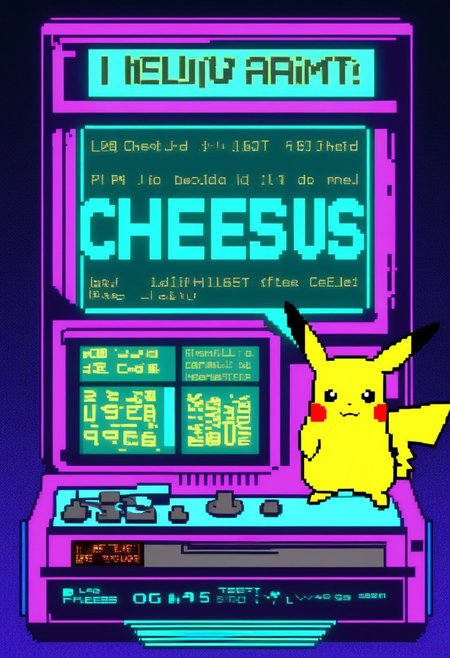 p1x3lt3xt,  (teletext advertisement box:1.3), (pixelized pikachu:1.4), (text: "What would Cheesus Do":1.5), (fake phone number: "555-0123":1.2), (pixelated teletext style:1.4), (retro 1980s theme:1.2), (vaporwave colors:1.3), (purples, teal, and blue:1.2), (nostalgic atmosphere:1.1), (glitch effects:1.2), (digital art:1.2), vibrant and surrealistic