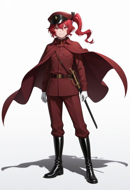 masterpiece,best quality,absurdres,highres,very aesthetic,high quality,detailed,insanely detailed,beautiful,perfect lighting, looking at viewer, smile, , solid white background, 1girl, solo, looking at viewer,
, <lora:Teruko Ôkura illu:1> red hair, hat, white background, side ponytail, full body, red eyes, smile, simple background, 1girl, looking at viewer, standing, military uniform, boots, black footwear, closed mouth, cape, hair between eyes, peaked cap, belt