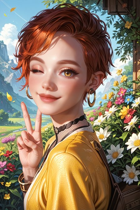 score_9, score_8_up, score_7_up,
<lora:CyberAurore:0.8>
CyberAurore, 1girl, red hair, short hair, yellow eyes, loop earrings, looking at viewer, from side, wink, happy, smile, closed mouth, peace sign, flowers, meadow