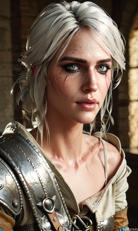 score_9, score_8_up, score_7_up, BREAK, zy_ciri, 1girl, green eyes, white hair, scar on face, portrait, realistic, photo, real hair, detailed skin, terrace, armor, sunny, highly detailed, detailed skin, depth of field, film grain, <lora:zy_Ciri_PonyRealism_v1:0.75>