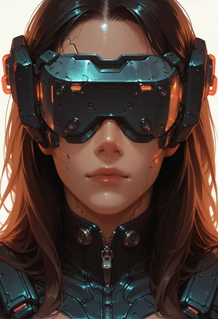 1girl, solo, lips, long hair, science fiction, black hair, portrait, head-mounted display, facing viewer, cyberpunk, cable, brown hair, zipper
portrait, close-up, masterwork, masterpiece, best quality, , dynamic pose,,  dynamic angle, , , (realistic:1.2), (lineless:1.2), detailed, <lora:Detailer_NoobAI_Incrs_v1:0.75>, , aged up, adult, depth of field, , blurry, cheekbones, dynamic lighting