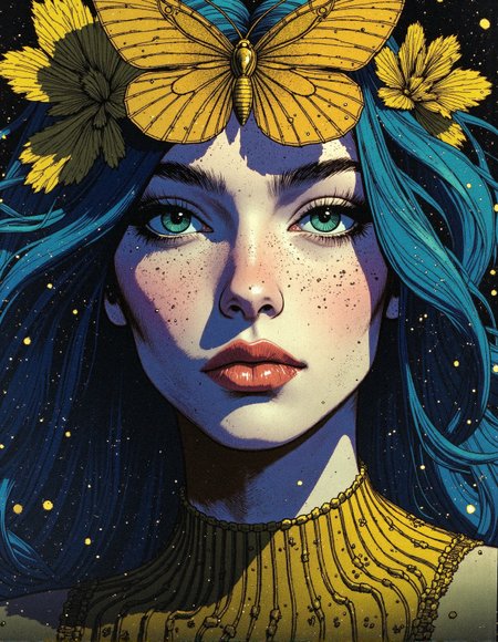 Comic book illustration, Hollywood Cinematic Film style, epic photography, dramatic light, Kodak film style,
A mesmerizing close-up portrait of a celestial muse, her radiant emerald-green eyes glowing softly beneath delicately arched brows, framed by flowing deep blue hair adorned with golden cosmic dust, each strand shimmering like a star-strewn galaxy. Her porcelain skin is speckled with fine flecks of gold, resembling celestial freckles that catch the ambient light. Her full, delicately sculpted lips hold an almost ethereal softness, their warm peach hue subtly glossed with a dewdrop-like sheen. Perched atop her forehead, an enormous golden butterfly with intricately veined wings spreads its celestial design, its metallic filigree laced with cosmic constellations that ripple like liquid gold. The textured painterly strokes create an otherworldly fusion of fantasy illustration and high realism, with every micro-detail—from the delicate gold dust suspended in the air to the minute cracks of gilded embellishment on her ornate collar—crafted to evoke a dreamlike aura. The entire composition radiates a mythical elegance, blending surreal fantasy elements with an ultra-refined, painterly aesthetic that captures the beauty of divine wonder.
 <lora:FluxDFaeTasticDetails:0.3> <lora:Hollywood_Cinematic_Film_style_v1:0.5> <lora:Comic_Style_-_FLUX:0.8>
