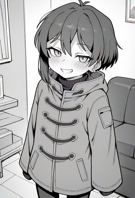 score_9, score_8_up, score_7_up, source_anime, masterpiece, <lora:Warui_Hito:1>, 1girl, solo, child, female child, purple hair, green eyes, ahoge, one earring, colored,  beautiful colors,
long brown coat, black pantyhose, 
standing, looking at viewer,
indoors, living room, <lora:Warui_Hito:1>