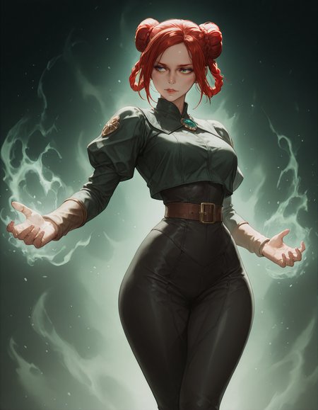 masterpiece, best quality, newest, absurdres, highres, ultra-detailed, semirealistic, cinematic lighting, raytracing, 
TW3Triss, 1girl, red hair, hair buns, green eyes, long_hair, spell aura, full-body, dynamic_pose, narrow waist, wide hips, NishimuraXL, chiaroscuro, lineart,  thick_thighs, mage, SS-Illu,