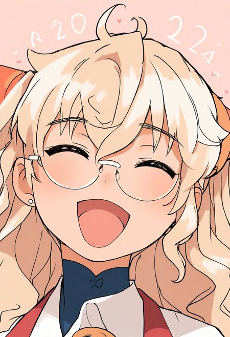 daisukerichard, akai sashimi, tony taka,
stylized, cartoonized, 
newest, masterpiece, highres, year 2024, year 2023, 
Meica05, Naomi Orthmann, solo, smile, open mouth, jewelry, closed eyes, earrings, glasses
 <lora:ponyv4_noob1_2_adamW:0.7>