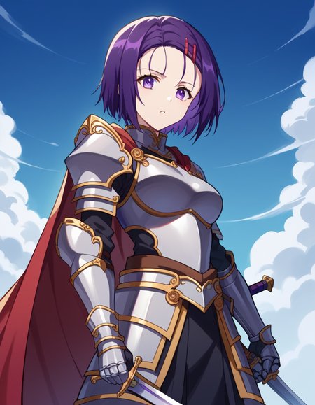 score_9, score_8_up, score_7_up, source_anime, <lora:haruna-sairenji-darkness-ponyxl-lora-nochekaiser:1>, haruna sairenji, hair ornament, hairclip, purple eyes, purple hair, short hair, swept bangs, forehead, medium breasts, <lora:knight-ponyxl-lora-nochekaiser:1>, knight, armor, cape, sword, weapon, holding weapon, shoulder armor, gauntlets, helmet, pauldrons, red cape,, blue sky, clouds, from below, parted lips, looking at viewer