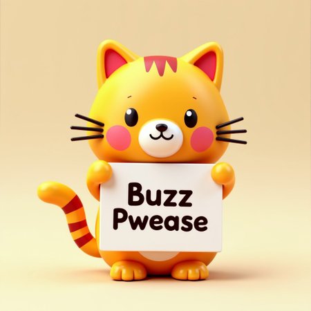 A cute kawaii cat character in a 3d style holding a sign that says "Buzz Pweeease"