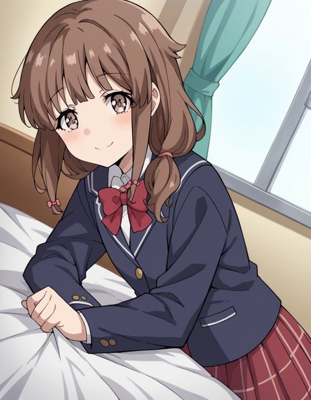 score_9, score_8_up, score_7_up, source_anime, <lora:kaede-azusagawa-s1-ponyxl-lora-nochekaiser:1>, kaede azusagawa, long hair, bangs, brown hair, brown eyes,, skirt, shirt, long sleeves, bow, school uniform, jacket, white shirt, pleated skirt, collared shirt, bowtie, red bow, black jacket, plaid, red skirt, plaid skirt, blazer, red bowtie,, indoors, bed, bed room, on side, blush, drunk,, smile, looking at viewer, solo,, cowboy shot, dutch angle