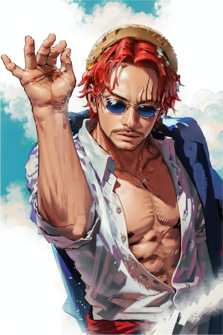 (masterpiece, best quality),  intricate details,
 1boy, man, red hair, straw hat, <lora:Shanks:0.8> Shnks, shanks \(one piece\),  scar on face, short hair, shirt,  white shirt, male focus, open clothes, collared shirt, pants, cape, coat, open shirt, facial hair, scar, sandals,  pectorals, partially unbuttoned, pectoral cleavage, coat on shoulders, nature, scenery, upper body, straw hat,
BREAK cooking, inside, stove, food, pot of stew, <lora:saltbae:0.8> saltbae, sunglasses,