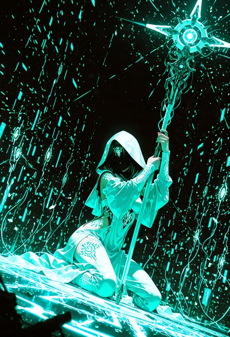 1gril, solo, dynamic angle, kneeling, slashing, glowing (circuit tattoo:1.4), robe, side cutout, detached sleeves, hood up, noble, simulator, blindfold, covered eyes, shaded face, holding staff, planted staff, sanctuary, (runes:0.5), (electricity:0.2), over technology, geometry, white theme, polarized, chromatic aberration, disintegration effect, (abstract expressionism:0.6), artistic filter, two-tone background, blurry foreground, fantasy, science fiction, future, ancient, masterpiece, best quality, amazing quality, very aesthetic, absurdres, newest, <lora:circuit_tattoo:0.8>