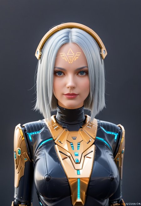 A 35mm photo of a beautiful robotic woman, she has a faceless robotic head, robot, silver hair, smooth metallic featureless feminine body, blue colour with gold accents
no face