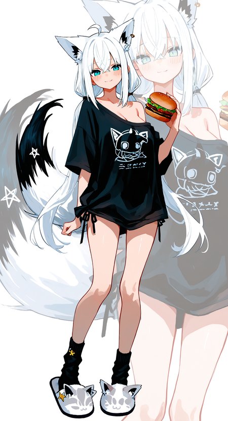 masterpiece, best quality, good quality, very awa, very aesthetic, absurdres, newest, nejima kitsune (shirakami fubuki), 1girl, ahoge, animal ear fluff, animal ear piercing, animal ears, aqua eyes, black shirt, black socks, black tail, blush, breasts, burger, cleavage, crossed bangs, double-parted bangs, earrings, extra ears, food, fox ears, fox girl, fox tail, full body, jewelry, long hair, looking at viewer, low twintails, multicolored tail, no pants, off shoulder, official alternate costume, pentagram, shirt, side-tie shirt, sidelocks, simple background, single earring, slippers, smile, socks, solo, tail, twintails, white background, white hair, white tail, zoom layer, <lora:spo_sdxl_10ep_4k-data_lora_webui:0.8> <lora:ponyv6_noobV1_2_adamW-000017:0.7> <lora:USNR_STYLE_XL_lokr:0.45> <lora:748cmSDXL:0.6>
