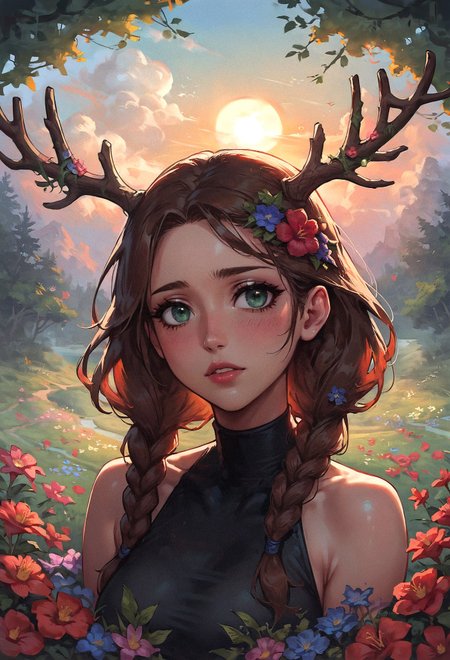 score_9, score_8_up, score_7_up, 1girl, black leotard, shiny skin, blush, chestnut brown hair, crownbraid twintails, looking at viewer, sunset, flowers in a flower meadow, nature, lush green forest, antlers  <lora:sdxl\Concept Art Twilight Style SDXL_LoRA_Pony Diffusion V6 XL:0.8> <lora:sdxl\Smooth Style 2 SDXL_LoRA_Pony Diffusion V6 XL:0.8>