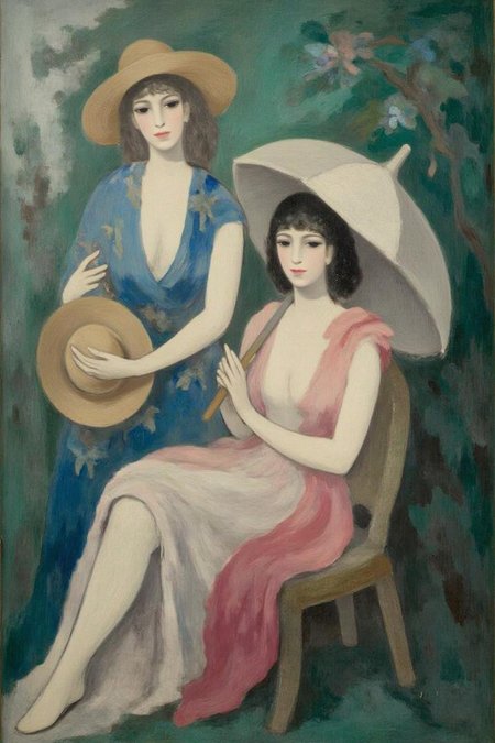 malau1 painting
two women in a lush, sunlit garden setting. In the foreground, the woman on the right sits in a chair, holding a large, white umbrella that casts a gentle shadow on her lap. Another woman stands behind her, holding a wide brim hat in her hand. <lora:malau1_cap_d6a3e12:1.0><lora:825103732271478427:0>