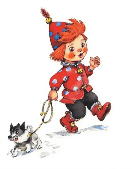 <lora:lv:1>, This is a colorful, whimsical drawing in a cartoon style, depicting a cheerful, young boy and his dog. The boy, who appears to be around six years old, is running to the right, holding a leash in his right hand. He has bright red hair that is tousled and sticking up, and he wears a red hat with a blue polka dot pattern and a yellow bell on top. His eyes are large and expressive, and his rosy cheeks add to his animated appearance. He is dressed in a red coat with large, white polka dots, black pants with white stripes, and red boots. The dog he is walking is small and white with black patches on its face and ears, and it has a playful expression. The dog is walking to the right on a leash, and its paws are leaving small, white paw prints in the snow. The background is plain white, making the vibrant colors of the boy and dog stand out prominently. The drawing has a playful, lively atmosphere, with soft, textured brushstrokes that give it a hand-drawn, sketch-like quality. The overall style is reminiscent of classic children's book illustrations, evoking a sense of joy and adventure.