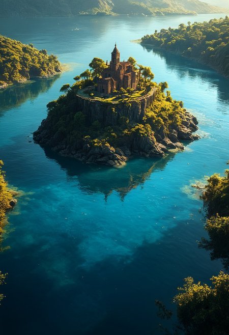 Breathtaking views, mystical place, detailed landscape, lighting, An island in the middle of the water, double exposure, water only, Reflection, clear and beautiful, sunlight, blue sky, day, beautiful view,  depth of field, masterpiece, best quality, 8k, ultra-detailed, very aesthetic, illustration, superb composition, finest details, intricate details, absurdres, high contrast, RAW, concept art, perfect composition, aerial view