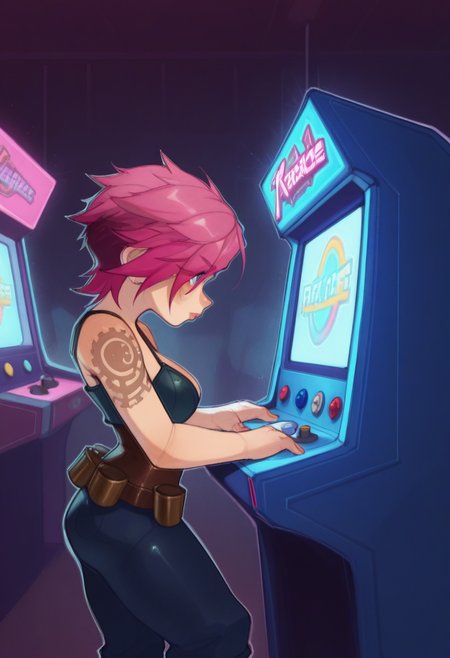 04N1M3R3style, masterpiece, best quality, solo,                                                                                     vi from league of legends, playing on a arcade cabinet a steampunk arcade room, arcade cabinets, bar, moody neon colors, from the side,