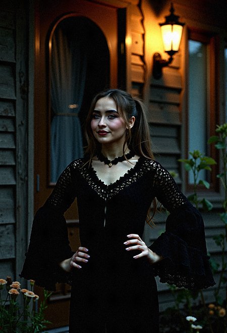 
Extremely photorealistic photography of A Gothic woman sabcarp with dark tones and intricate details, dressed in a bohemian crochet dress with voluminous bell sleeves. The outside rustic wooden house setting is illuminated by dramatic, high-contrast lighting, creating a moody, mysterious atmosphere. Black flowers and wilted blooms add to the textured, haunting beauty of the scene.

Incorporate a light mist or fog rolling through her surrounding, softening the edges and adding mystery.Introduce floating dust particles illuminated by light beams, adding texture and realism.

The woman places one hand on her hip, with her head tilted and a confident smirk.





