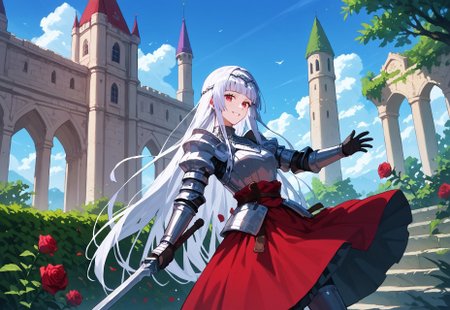 safe_pos, (score_9, score_8_up, score_7_up, score_6_up, score_5_up, score_4_up), absurdres, intricate details, wallpaper, BREAK 1girl, solo, knight, armored dress, plate armor, silver armor, shiny armor, juliet sleeves, red skirt, long skirt, red sash, circlet, silver circlet, holding sword, standing, dynamic pose, facing viewer, cowboy shot, BREAK hime style hair, silver hair, long hair, very long hair, blunt bangs, red eyes, breasts, slim, beautiful, calm, slight smile, BREAK detailed background, outdoors, landscape, castle, medieval castle, columns, ruins, white stone, marble, scenery, day, blue sky, garden, roses, rose bush, vines,