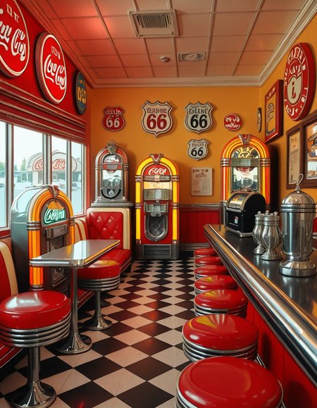 A classic 1950s American diner with a nostalgic retro atmosphere. The interior features red and white leather booth seating, chrome-trimmed tables, and a long counter with matching red barstools. A vintage jukebox with colorful neon lights stands against the wall, ready to play rock 'n' roll hits. The checkered black-and-white floor contrasts with pastel-colored walls adorned with Coca-Cola signs, Route 66 memorabilia, and classic diner menus. A row of shiny chrome napkin dispensers and glass salt and pepper shakers sit neatly on the tables. A milkshake machine and an old-fashioned soda fountain rest behind the counter, next to a vintage cash register. Large windows let in soft daylight, reflecting off the gleaming surfaces, creating a warm and inviting retro ambiance.
<lora:SDXLFaeTastic2400:0.4> <lora:extremely_detailed:0.4> extremely detailed,1950s American d1n3r, <lora:1950s_American_d1n3r-i:1>, Masterpiece,best quality,hi res,8k,hi res,8k,award winning,(sharp focus, intricate, highly detailed),