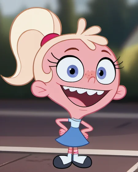score_9, 1girl, solo, stl1, official art, official  style, pink skin, open smile, big head, teeth, dress, freckles, buck teeth, full body, socks, ponytail, blonde hair, hands on hips, looking at viewer, blurry background, parody, <lora:stl1:1>,