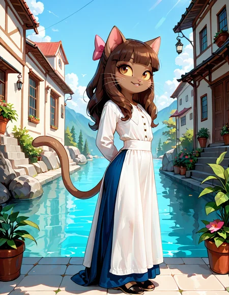 masterpiece, best quality, very aesthetic, absurdres,
outdoors, dressed,
full body, posing, 
seductive smile, parted lips, long eyelashes,
 <lora:Ivy_Pepper_v01_NAIXL:1>
1vyP3pp3r,1girl,solo,furry,furry female,cat girl,cat ears,brown hair,hair bow,long hair,blunt bangs,brown eyes,yellow sclera,animal nose,whiskers,body fur,cat tail,