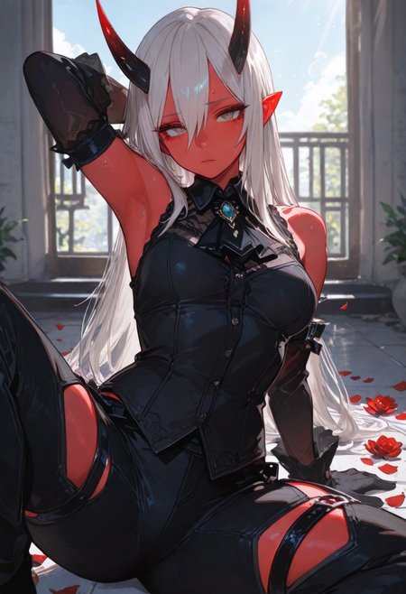 1girl, gorgeous girl , kawaii girl , cute face, masterpiece, best quality, very awa, absurdres, 748cmstyle, usnr
masterpiece, best quality, Good quality, very aesthetic, absurdres, newest,1girl, light rays, looking at viewer, sky, solo, gradient color, erotic, petals falling,
BREAK
ultra-detailed, 8K, illustration, CG, ultra-detailed-eyes, detailed background, ambient occlusion, raytracing, soft lighting, absolutely eye-catching, intricate cinematic background, beautiful face,  , eyelashes, erotic, looking seductive, coy. dynamic action image, detailed face, detailed eyes, direct mesmerizing gaze, mature female, medium breast,
BREAK
sexy, slutty, hot, aroused, 
Aka-Oni, oni, colored skin, red skin, smooth horns, black horns
BREAK
flirting:2.0, flower,
BREAK
(EyesHD:1.2), (4k,8k,Ultra HD), masterpiece, best quality, ultra-detailed, very aesthetic, sharp focus, depth of field, ray tracing, best lighting, detailed illustration, detailed background, cinematic, beautiful face, beautiful eyes, 
BREAK
 sweatdrop, expressionless, looking at viewer, on ground, arm behind head, arm support, spread legs, long hair, grey hair, hair between eyes, raised eyebrows, black shirt, sleeveless shirt, black ascot, arm cuffs, black sleeves, detached sleeves, black gloves, black pants, thigh cutout, thigh strap, bare shoulders