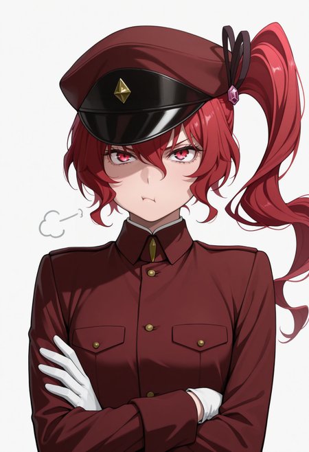 masterpiece,best quality,absurdres,highres,very aesthetic,high quality,detailed,insanely detailed,beautiful, white background, upper body, pouting, arms crossed
<lora:Teruko Ôkura illu:1> 1girl, red hair, side ponytail, red eyes, long hair, military uniform, hat, white gloves