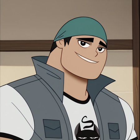 score_9, score_8_up, score_7_up BREAK BiffyD, 1boy, short black hair, black eyes, dark green brimless cap, open sleeveless gray jacket, short-sleeved white shirt with black accents, face view, face closeup, male, male focus, solo focus, alone, screenshot, official art, parody, cartoon footage, official design, screencap, cartoon screenshot, official screenshot, 2d, cartoon, source_cartoon, happy, smiling at viewer,