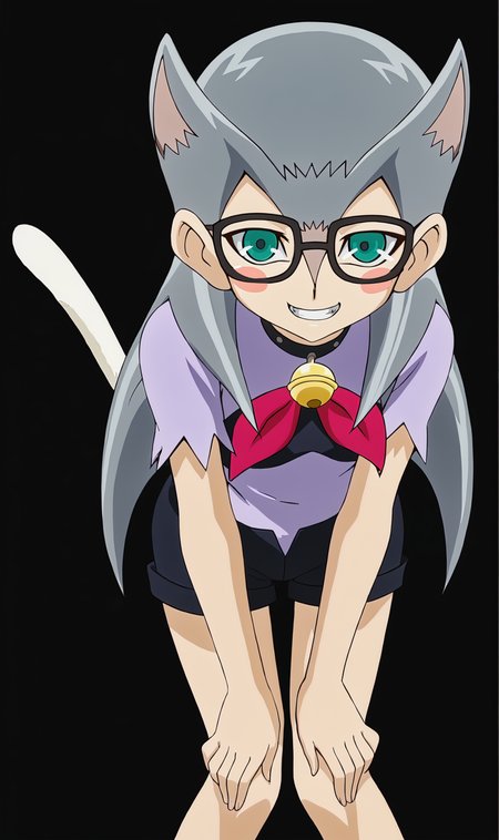 CK, 1girl, solo, grey hair, long hair, aqua eyes, glasses, choker, suspender shorts, purple shirt, torn sleeves, red neckerchief, neck bell, grin, leaning forward, blush stickers, hands on knees, cat tail, standing, looking at viewer, simple background, black  background, <lora:Cathy Katherine Pony XL:1>