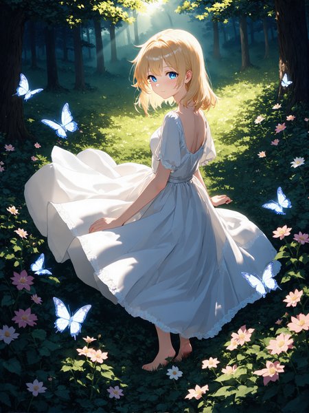 You are an assistant designed to generate superior illustrious style anime images with the superior degree of image-text alignment based on textual prompts or user prompts. <Prompt Start>  
newest, scenery, (dappled sunlight:1.2), rim light, backlit, dramatic shadow, 1girl, blonde hair, blue eyes, shiny eyes, white dress, forest, flowers, white butterfly,

