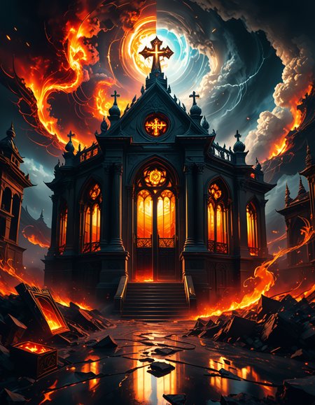 A once-majestic celestial temple, now under siege by the forces of Hell. The grand white stone structure is cracked and scorched, its golden crosses twisted and broken. The stained-glass windows, once glowing with warm divine light, are now shattered, with demonic symbols glowing ominously in their place. The sky, once a serene blue, is now consumed by dark storm clouds, swirling with red lightning and thick smoke.
Black, jagged chains extend from the sky, wrapping around the temple as if trying to pull it down into the abyss. The once-fluffy clouds beneath the structure are now a chaotic mix of fire, ash, and dark mist, with glimpses of molten lava cracks below. Infernal creatures with glowing red eyes lurk in the shadows, their silhouettes barely visible through the smoke and fire.
The temple doors are blown open, revealing an eerie red glow emanating from within, as if Hell itself is consuming the sacred space. Massive demonic runes are etched into the stone, pulsating with an unholy energy. The entire scene is bathed in a deep crimson and orange glow, giving it an apocalyptic and nightmarish atmosphere.
Style & Lighting:
- Dark fantasy, highly detailed
- Dramatic, high-contrast lighting with fiery glows
- Cinematic composition, epic scale
- Strong use of shadows, embers, and atmospheric foghighly detailed and atmospheric view from inside a massive birdcage, large enough for a human to stand inside. The cage is made of ornate, aged metal bars with intricate Victorian-style patterns, curving elegantly towards the domed ceiling. Sunlight filters through the gaps between the bars, casting long, dramatic shadows on the wooden floor. Delicate vines and small flowers have begun to grow around the bars, adding a touch of nature reclaiming the space. The background beyond the cage is blurred, hinting at a lush garden or a mysterious, abandoned mansion. The ambiance is serene yet slightly melancholic, with warm golden light illuminating dust particles floating in the air. Soft feathers are scattered on the floor, adding to the sense of quiet abandonment. The perspective makes the viewer feel as if they are inside the cage, looking outward, surrounded by both beauty and confinement. The style is highly detailed and realistic, with a cinematic and slightly surreal atmosphere.
<lora:SDXLFaeTastic2400:0.4> <lora:extremely_detailed:0.4> extremely detailed,evil celestial t3mpl3, <lora:evil_celestial_t3mpl3-p:1>, Masterpiece,best quality,hi res,8k,hi res,8k,award winning,(sharp focus, intricate, highly detailed),