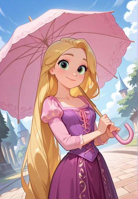 masterpiece, best quality, amazing quality, very aesthetic, absurdres,  newest, detailed background, cowboy shot,  outdoors, dynamic angle, perfect eyes, beautiful eyes,
rapunzelxd, 1girl, blonde hair, long hair, umbrella, very long hair, dress, solo, green eyes, smile, purple dress, looking at viewer, outdoors, holding, puffy sleeves, holding umbrella, long sleeves, day, juliet sleeves, collarbone, parasol, pink dress, closed mouth
 <lora:Rapunzel_-_Disney_Illustrious_r1:1>