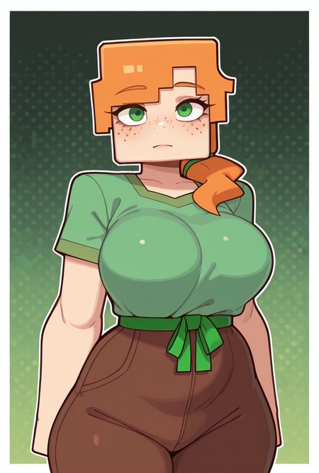 <lora:alexmc-05:1> alexmc, orange hair, 1girl, solo, green eyes, long green shirt, brown pants, short sleeves, freckles, square arms, square body, green waist ribbon,  minecraft world, looking at viewer  <lora:welwraith-guy90-Illust-Lycorisv1:1> welith, curvy, masterpiece, best quality, amazing quality, very aesthetic, absurdres, newest,, upper body, halftone effect, white borders, abstract background:1.2,