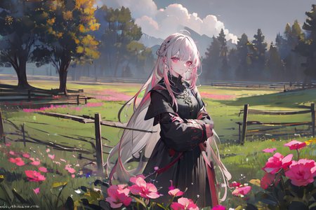 (otherworldly), highly insanely detailed, masterpiece, top quality, best quality, highres, 4k, 8k, RAW photo, (very aesthetic, beautiful and aesthetic), farm, fields, barn, fence, fantfa, <lora:FantasyFarm-10:0.5>, 
1girl, 
(grey hair,pink hair ), 
(dark background),âââ
