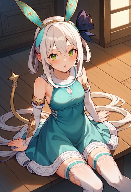 score_9, score_7_up, hd, (ultra hd quality details), indoors, source_anime,
solo, 1girl, plachtasp2base, hairband, fake animal ears, hair ornament, hair between eyes, small breasts, 
pls2defclothes, aqua dress, blue dress, very long bangs, very long hair, hair rings, bare shoulders, long sleeves, detached sleeves, golden armlet, elbow gloves, white thighhighs, cable tail,
looking at viewer, blush, open mouth, 
sitting, from above,
 <lora:_plachta_sophie2-elesico-pony-06:0.85>