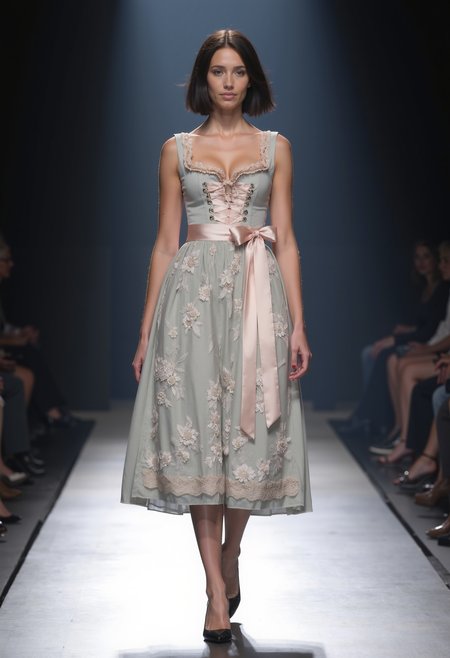 clo032, full body shot, beautiful young woman wearing A traditional dirndl dress in pale sage green with intricate floral lace embroidery on the skirt, a sleevless corset-style bodice with metallic hooks and a pink satin ribbon lace-up, finished with a pink ruffle neckline and sash bow. black high heels. walking on a catwalk, spotlight at her, black short hair