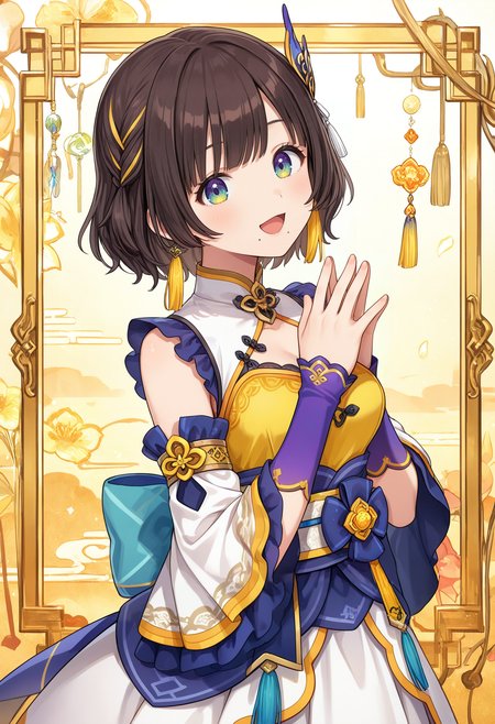 masterpiece, best quality, newest, absurdres, highres, safe, very aesthetic, intricate details, vibrant, 
1girl, niji-rikocos1, medium breasts, brown hair, blue eyes, green eyes, multicolored eyes, mole under mouth, single mole, short hair, braid, yellow braided ribbon, wing hair ornament, tassel earring, yellow tassel, yellow dress, white dress, clothing cutout, sleeveless, shoulder frills, white sash, flower ornament, bow, detached sleeves, white sleeves, long sleeves, purple arm warmers, white skirt, layered skirt, 
upper body, standing, :d, looking at viewer, (from side:0.1), (head tilt:1.3), palms together:0.2|steepled fingers:1, (hands up:1.2)
<lora:niji-riko:0.7>