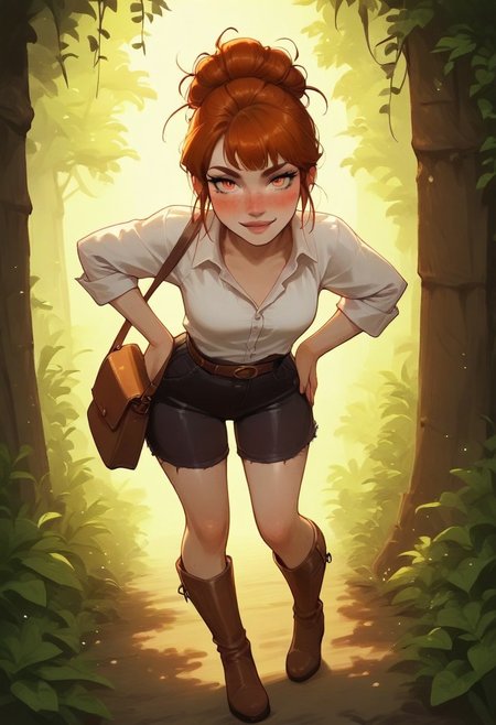 masterpiece, best quality, 1girl, solo, cute, eyelashes, (beautiful eyes), beautiful lips, 
,,,
upper body, leaning forward, portrait, 
1girl, solo, auburn hair, curly hair, messy bun, freckles, hazel eyes, faint blush, oversized white button-up shirt, sleeves rolled up, black high-waisted shorts, brown leather belt, knee-high boots, wearing a satchel bag, standing in a lush green forest, dappled sunlight, adventurous vibe, full body, hands on hips, soft smile, looking at viewer, painterly style, warm lighting, sinozick.
