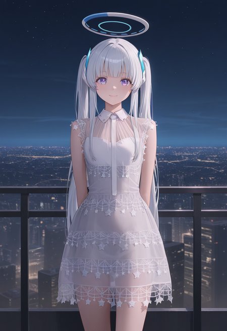masterpiece,best quality,ultra high res,photorealistic,8K UHD,hyper-detailed,
1girl,solo,
noa_\(blue_archive\),
purple eyes,white hair ,mechanical halo，
Komako Semenobitch,white hair, twintails, blue_eyes,flat chest, short body,
sleeveless star print dress,
star \(symbol\),see-through,ribbon,short_dress, 
cowboy_shot,
(cityscape:0.7),blustar_sky, 
standing,night,looking_at_viewer,light_smile,closed on eye,arms_behind_back,    

 






