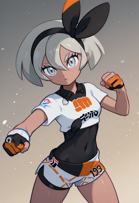 zzBea, grey eyes, grey hair, short hair, hair between eyes, black hairband, dark skin, crop top, print shirt, bodysuit, shorts, single glove,
punch, incoming attack, dynamic pose, , (foreshortening), ,,, BREAK, cowboy shot, looking at viewer,
in Take style,
Pokemon TCG