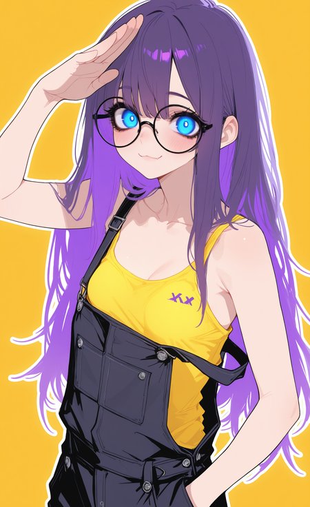 masterpiece, best quality, good quality, newest, highres, absurdres, 1girl, solo, long hair, breasts, looking at viewer, blush, smile, blue eyes, simple background, closed mouth, bare shoulders, collarbone, purple hair, small breasts, glasses, hand up, bare arms, :3, tank top, yellow background, strap slip, outline, black-framed eyewear, round eyewear, hand in pocket, overalls, salute, yellow tank top, xxx667_illu, glowing, tfaix, <lora:illustriousXL_stabilizer_v1.23:0.3> <lora:NOOB_vp1_detailer_by_volnovik_v1:0.3> <lora:ponyv6_noobE11_2_adamW-000017:0.3> <lora:XXX667:0.75> <lora:tenebriflora-wai:0.6>
