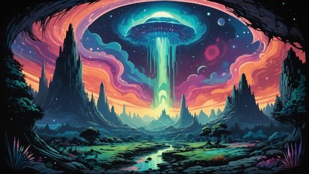 alien landscape, Subterranean rivers flowing through phosphorescent caves, Prismatic auroras dancing across night sky , alien flora, neon pastel, <lora:Ive_Got_The_Power:0.8>, <lora:saturated_colors:0.8> saturated colors, <lora:RMSDXL_Creative:0.4>