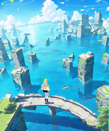 1girl,nonomi \(blue archive\),scenery,building,city,water,cityscape,sky,outdoors,cloud,cloudy sky,bridge,day,ruins,skyscraper,blue sky,ocean,tower,tree,fish,masterpiece, best quality, very aesthetic, absurdres, <lora:Submerged ruins-NAI:0.8>,