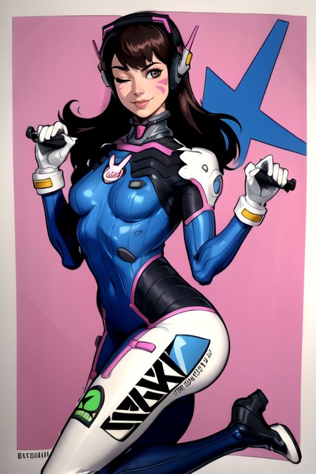 masterpiece,best quality,<lora:dva:0.8>,dva,1girl,solo,long hair,breasts,looking at viewer,smile,bangs,brown hair,thighhighs,gloves,holding,brown eyes,medium breasts,ass,small breasts,one eye closed,white gloves,lips,bodysuit,swept bangs,headphones,thigh boots,facial mark,leg up,white footwear,animal print,black background,skin tight,handgun,high collar,;),pink lips,logo,pilot suit,whisker markings,facepaint,shoulder pads,blue bodysuit,finger on trigger,bunny print,ribbed bodysuit,