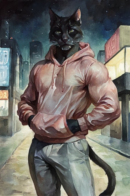masterpiece, best quality, highres, newest, traditional media, realistic, watercolor \(medium\), anthro, furry, black cat, cat, black fur, green eyes, pink hoodie, grey pants, muscular, 1boy, solo, male focus, mature male, looking at viewer, cowboy shot, standing, outdoors, city, building, night, night sky, dark background <lora:Green Patina [LoRA] - NoobAI-XL EPS 1.0:0.8>