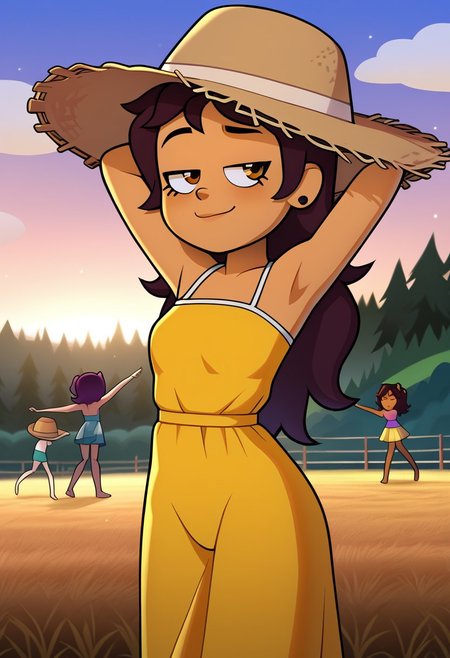 deadinsidestyle, chl, A girl dancing joyfully in a field of wildflowers, wearing a bright yellow summer dress with a wide-brimmed straw hat. The background showcases a clear blue sky with fluffy white clouds and a distant mountain range.