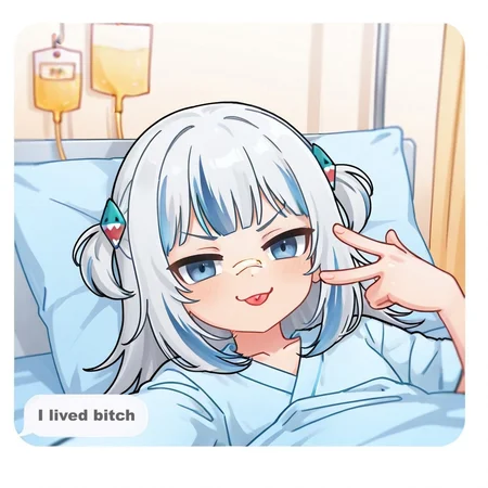 ilivedbitch, 1girl, gawr gura, smile, tongue, tongue out, :p, v-shaped eyebrows, bandaid, bandaid on face, bandaid on nose, hospital gown, hospital, indoors, hospital bed, bed, pillow, blanket, intravenous drip, on bed, lying, on back, looking at viewer, selfie, english text, w, dialogue box, white border,