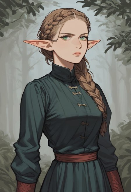 (score_9, score_8_up, score_7_up), source_anime, anime,  female, tall, (lightly-brown hair in a single long braid), dark black slavik dress, green eyes, dark mysterious forest background, waist-high, gloomy, solo, female, serious, looking downwards, middle aged, upper body, elf, thick hair, nordic outfit, grayness, closed clothing, folk dress